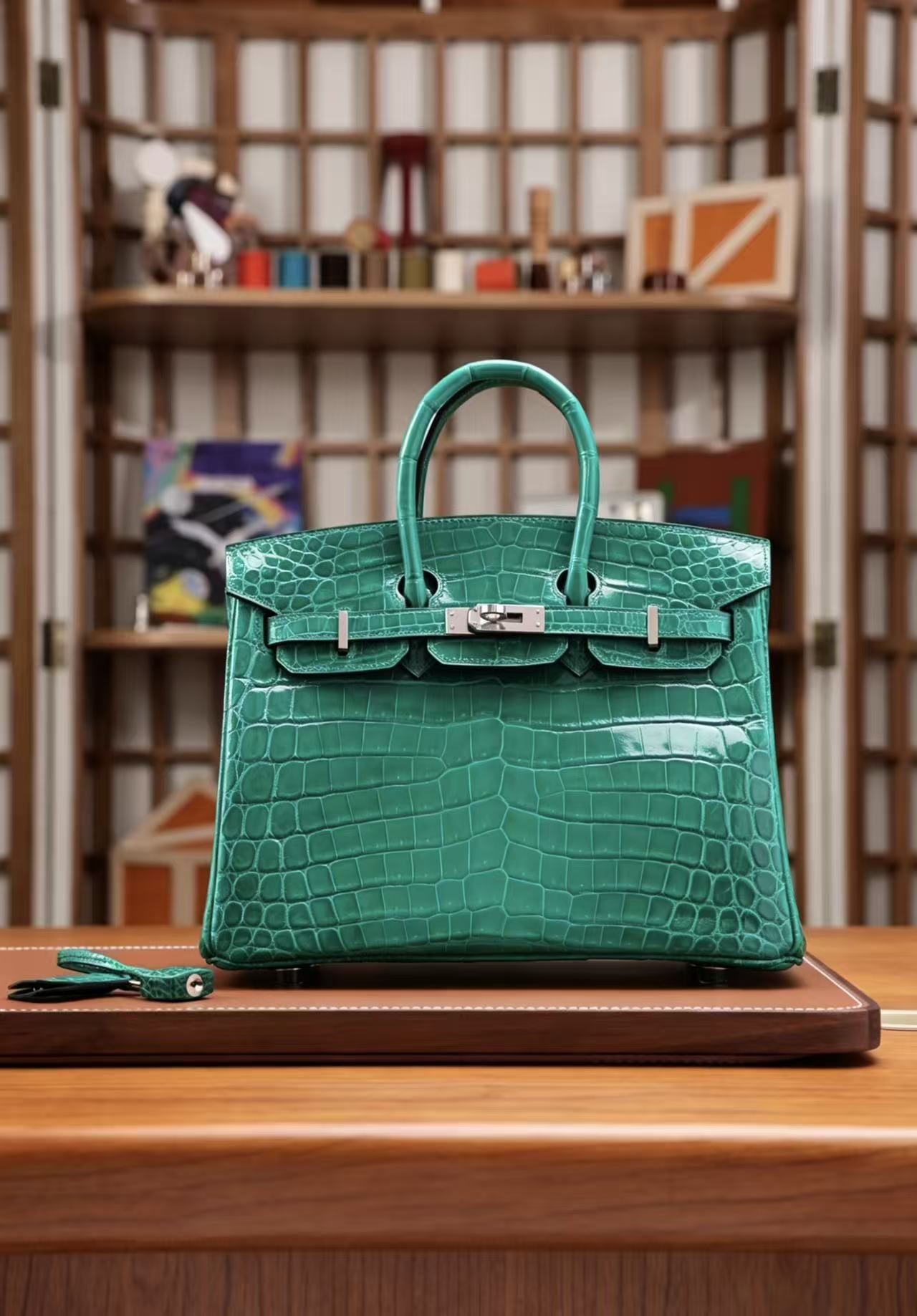 BK25 Vert Émeraude Shiny Porosus Crocodile - Silver Hardware