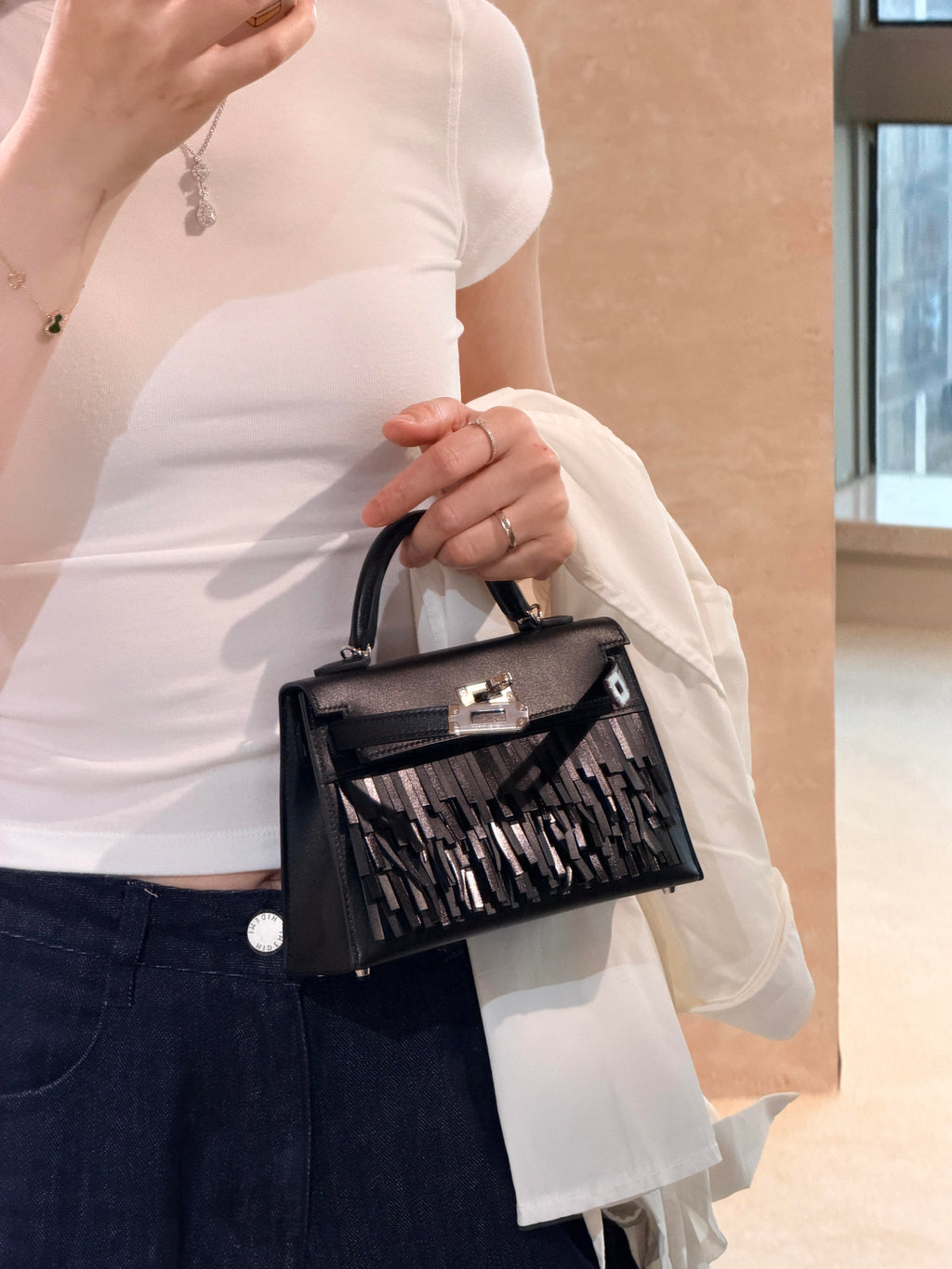 Mini Kelly II Black with Silver Hardware & Tassel, Premium Fashion Hand & Crossbody Bag