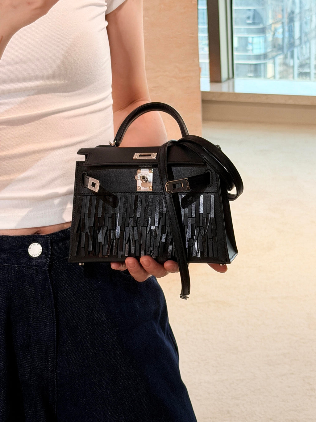 Mini Kelly II Black with Silver Hardware & Tassel, Premium Fashion Hand & Crossbody Bag