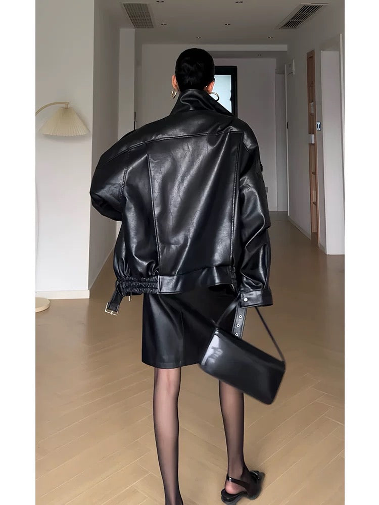 欧美大码宽松时尚真皮外套